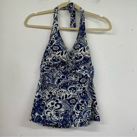 Lauren Ralph Lauren Blue & White Floral Print Halter Tankini Swimsuit Top 10 - Picture 1 of 7